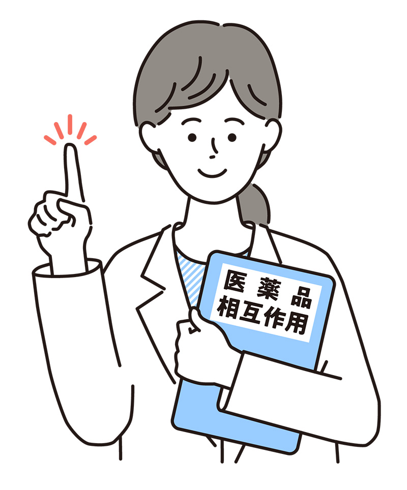 【イラスト】資料(医薬品相互作用)を持って話しかける薬剤師